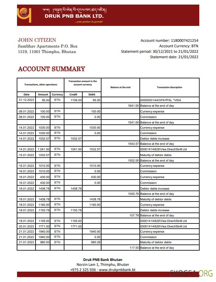 Relevé bancaire du Bhoutan Druk PNB